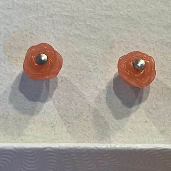 Tiny Carved Stone Rosebud Earrings - Picture 2 of 4